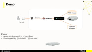 # TIAD@ tiadparis
Demo
17
Push code
Integration
AWS images
AWS
Application
templates
Web hook
Packer
• Automate the creation of templates
• Developped by @mitchellh / @hashicorp
 