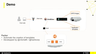 # TIAD@ tiadparis
Demo
17
Push code
Integration
AWS images
AWS
Application
templates
Web hook
Build
WEB WEB
Packer
• Automate the creation of templates
• Developped by @mitchellh / @hashicorp
 