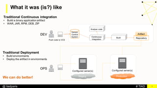 # TIAD@ tiadparis
What it was (is?) like
5
DEV
Version
Control
System Continuous
Integration
Analyse code
Build Repository
Push code to VCS
Traditional Continuous integration
• Build a binary application artifact
• WAR, JAR, RPM, DEB, ZIP
Artifact
Traditional Deployment
• Build environments
• Deploy the artifact in environments
OPS
Configured server(s)
Staging
Configured server(s)
Production
We can do better!
 