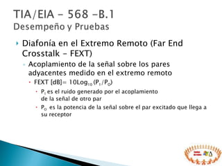Diafonía en el Extremo Remoto (Far End Crosstalk - FEXT)  Acoplamiento de la señal sobre los pares adyacentes medido en el extremo remoto FEXT [dB]= 10Log 10  (P 1 /P O ) P 1  es el ruido generado por el acoplamiento  de la señal de otro par P O  es la potencia de la señal sobre el par excitado que llega a su receptor 
