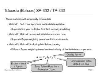 Dependable Systems Course PT 2014
Telcordia (Bellcore) SR-332 / TR-332
• Three methods with empirically proven data

• Method 1: Part count approach, no ﬁeld data available

• Supports ﬁrst year multiplier for infant mortality modeling

• Method 2: Method 1 extended with laboratory test data

• Supports Bayes weighting procedure for burn-in results

• Method 3: Method 2 including ﬁeld failure tracking

• Diﬀerent Bayes weighting based on the similarity of the ﬁeld data components
19
= ⇡g b⇡S⇡t
Environmenta
l Factor Base Failure Rate from
Transistor Count
Quality Factor
Temperature Factor,
default 40 deg
 