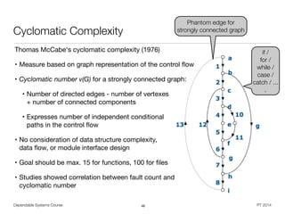 Dependable Systems Course PT 2014
Cyclomatic Complexity
46
Thomas McCabe‘s cyclomatic complexity (1976)

• Measure based on graph representation of the control ﬂow

• Cyclomatic number v(G) for a strongly connected graph:

• Number of directed edges - number of vertexes  
+ number of connected components 

• Expresses number of independent conditional  
paths in the control ﬂow

• No consideration of data structure complexity,  
data ﬂow, or module interface design

• Goal should be max. 15 for functions, 100 for ﬁles

• Studies showed correlation between fault count and 
cyclomatic number
if /  
for /
while /
case /
catch / ...
.
Phantom edge for
strongly connected graph
 