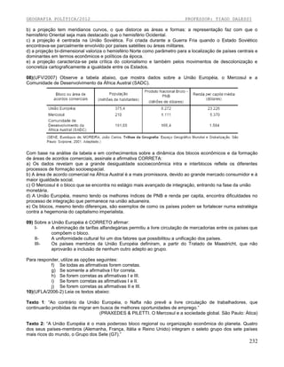 GEOGRAFIA POLÍTICA/2012

PROFESSOR: TIAGO DALESSI

b) a projeção tem meridianos curvos, o que distorce as áreas e formas: a representação faz com que o
hemisfério Oriental seja mais destacado que o hemisfério Ocidental.
c) a projeção é centrada na União Soviética. Foi criada durante a Guerra Fria quando o Estado Soviético
encontrava-se parcialmente envolvido por países satélites ou áreas militares.
d) a projeção bi-dimensional valoriza o hemisfério Norte como parâmetro para a localização de países centrais e
dominantes em termos econômicos e políticos da época.
e) a projeção caracteriza-se pela crítica do colonialismo e também pelos movimentos de descolonização e
concretiza cartograficamente a igualdade entre os Estados.
08)(UFV/2007) Observe a tabela abaixo, que mostra dados sobre a União Européia, o Mercosul e a
Comunidade de Desenvolvimento da África Austral (SADC).

Com base na análise da tabela e em conhecimentos sobre a dinâmica dos blocos econômicos e da formação
de áreas de acordos comerciais, assinale a afirmativa CORRETA:
a) Os dados revelam que a grande desigualdade socioeconômica intra e interblocos reflete os diferentes
processos de formação socioespacial.
b) A área de acordo comercial na África Austral é a mais promissora, devido ao grande mercado consumidor e à
maior igualdade social.
c) O Mercosul é o bloco que se encontra no estágio mais avançado de integração, entrando na fase da união
monetária.
d) A União Européia, mesmo tendo os melhores índices de PNB e renda per capita, encontra dificuldades no
processo de integração que permanece na união aduaneira.
e) Os blocos, mesmo tendo diferenças, são exemplos de como os países podem se fortalecer numa estratégia
contra a hegemonia do capitalismo imperialista.
09) Sobre a União Européia é CORRETO afirmar:
IA eliminação de tarifas alfandegárias permitiu a livre circulação de mercadorias entre os países que
compõem o bloco.
IIA uniformidade cultural foi um dos fatores que possibilitou a unificação dos países.
IIIOs países membros da União Européia definiram, a partir do Tratado de Maastricht, que não
aprovarão a inclusão de nenhum outro adepto ao grupo.
Para responder, utilize as opções seguintes:
f) Se todas as afirmativas forem corretas.
g) Se somente a afirmativa I for correta.
h) Se forem corretas as afirmativas I e III.
i) Se forem corretas as afirmativas I e II.
j) Se forem corretas as afirmativas II e III.
10)(UFLA/2006-2) Leia os textos abaixo:
Texto 1: “Ao contrário da União Européia, o Nafta não prevê a livre circulação de trabalhadores, que
continuarão proibidas de migrar em busca de melhores oportunidades de emprego.”
(PRAXEDES & PILETTI. O Mercosul e a sociedade global. São Paulo: Ática)
Texto 2: “A União Européia é o mais poderoso bloco regional ou organização econômica do planeta. Quatro
dos seus países-membros (Alemanha, França, Itália e Reino Unido) integram o seleto grupo dos sete países
mais ricos do mundo, o Grupo dos Sete (G7).”

232

 