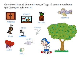 Quando está ao pé de uma árvore, o Tiago só pensa em palavras
que começam pela letra A.
ÁGUA
AQUÁRIO
ANANÁS
ÁGUIA
ARMÁRIO
AMOR
ANEL
APITO
AGULHA
ARMÁRIO
 