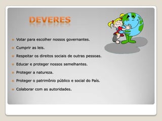 

Votar para escolher nossos governantes.



Cumprir as leis.



Respeitar os direitos sociais de outras pessoas.



Educar e proteger nossos semelhantes.



Proteger a natureza.



Proteger o patrimônio público e social do País.



Colaborar com as autoridades.

 
