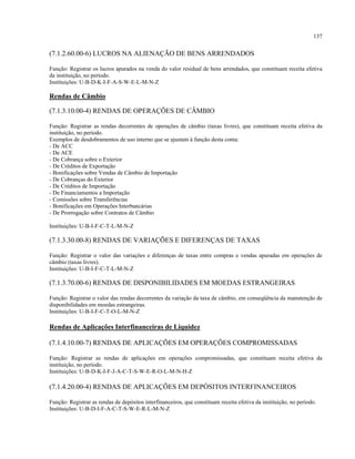 137
(7.1.2.60.00-6) LUCROS NA ALIENAÇÃO DE BENS ARRENDADOS
Função: Registrar os lucros apurados na venda do valor residual de bens arrendados, que constituam receita efetiva
da instituição, no período.
Instituições: U-B-D-K-I-F-A-S-W-E-L-M-N-Z
Rendas de Câmbio
(7.1.3.10.00-4) RENDAS DE OPERAÇÕES DE CÂMBIO
Função: Registrar as rendas decorrentes de operações de câmbio (taxas livres), que constituam receita efetiva da
instituição, no período.
Exemplos de desdobramentos de uso interno que se ajustam à função desta conta:
- De ACC
- De ACE
- De Cobrança sobre o Exterior
- De Créditos de Exportação
- Bonificações sobre Vendas de Câmbio de Importação
- De Cobranças do Exterior
- De Créditos de Importação
- De Financiamentos a Importação
- Comissões sobre Transferências
- Bonificações em Operações Interbancárias
- De Prorrogação sobre Contratos de Câmbio
Instituições: U-B-I-F-C-T-L-M-N-Z
(7.1.3.30.00-8) RENDAS DE VARIAÇÕES E DIFERENÇAS DE TAXAS
Função: Registrar o valor das variações e diferenças de taxas entre compras e vendas apuradas em operações de
câmbio (taxas livres).
Instituições: U-B-I-F-C-T-L-M-N-Z
(7.1.3.70.00-6) RENDAS DE DISPONIBILIDADES EM MOEDAS ESTRANGEIRAS
Função: Registrar o valor das rendas decorrentes da variação da taxa de câmbio, em conseqüência da manutenção de
disponibilidades em moedas estrangeiras.
Instituições: U-B-I-F-C-T-O-L-M-N-Z
Rendas de Aplicações Interfinanceiras de Liquidez
(7.1.4.10.00-7) RENDAS DE APLICAÇÕES EM OPERAÇÕES COMPROMISSADAS
Função: Registrar as rendas de aplicações em operações compromissadas, que constituam receita efetiva da
instituição, no período.
Instituições: U-B-D-K-I-F-J-A-C-T-S-W-E-R-O-L-M-N-H-Z
(7.1.4.20.00-4) RENDAS DE APLICAÇÕES EM DEPÓSITOS INTERFINANCEIROS
Função: Registrar as rendas de depósitos interfinanceiros, que constituam receita efetiva da instituição, no período.
Instituições: U-B-D-I-F-A-C-T-S-W-E-R-L-M-N-Z
 