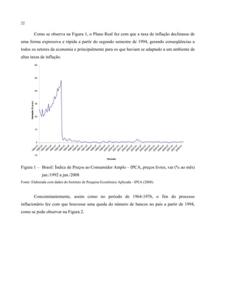 22
Como se observa na Figura 1, o Plano Real fez com que a taxa de inflação declinasse de
uma forma expressiva e rápida a partir do segundo semestre de 1994, gerando conseqüências a
todos os setores da economia e principalmente para os que haviam se adaptado a um ambiente de
altas taxas de inflação.
-10
0
10
20
30
40
50
60
1992.011992.071993.011993.071994.011994.071995.011995.071996.011996.071997.011997.071998.011998.071999.011999.072000.012000.072001.012001.072002.012002.072003.012003.072004.012004.072005.012005.072006.012006.072007.012007.072008.01
Período
Variação(%a.m.)
Figura 1 – Brasil: Índice de Preços ao Consumidor Amplo – IPCA, preços livres, var (% ao mês)
jan./1992 a jan./2008
Fonte: Elaborada com dados do Instituto de Pesquisa Econômica Aplicada - IPEA (2008).
Concomitantemente, assim como no período de 1964-1976, o fim do processo
inflacionário fez com que houvesse uma queda do número de bancos no país a partir de 1994,
como se pode observar na Figura 2.
 