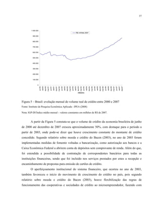 37
0
100.000
200.000
300.000
400.000
500.000
600.000
700.000
800.000
900.000
1.000.000
jun/00
set/00
dez/00
mar/01
jun/01
set/01
dez/01
mar/02
jun/02
set/02
dez/02
mar/03
jun/03
set/03
dez/03
mar/04
jun/04
set/04
dez/04
mar/05
jun/05
set/05
dez/05
mar/06
jun/06
set/06
dez/06
mar/07
jun/07
set/07
dez/07
mês/ano
R$ milhões 2007
Figura 5 – Brasil: evolução mensal do volume real de crédito entre 2000 e 2007
Fonte: Instituto de Pesquisa Econômica Aplicada - IPEA (2008)
Nota: IGP-DI Índice médio mensal – valores constantes em milhões de R$ de 2007.
A partir da Figura 5 constata-se que o volume de crédito da economia brasileira de junho
de 2000 até dezembro de 2007 cresceu aproximadamente 50%, com destaque para o período a
partir de 2003, onde pode-se dizer que houve crescimento constante do montante de crédito
concedido. Segundo relatório sobre moeda e crédito do Bacen (2003), no ano de 2003 foram
implementadas medidas de fomento voltadas a bancarização, como autorização aos bancos e a
Caixa Econômica Federal a abrirem conta de depósitos sem comprovante de renda. Além do que,
foi estendida a possibilidade de contratação de correspondentes bancários para todas as
instituições financeiras, sendo que foi incluído nos serviços prestados por estes a recepção e
encaminhamento de propostas para emissão de cartões de crédito.
O aperfeiçoamento institucional do sistema financeiro, que ocorreu no ano de 2003,
também favoreceu o início do movimento de crescimento do crédito no país, pois segundo
relatório sobre moeda e crédito do Bacen (2003), houve flexibilização das regras de
funcionamento das cooperativas e sociedades de crédito ao microempreendedor, fazendo com
 