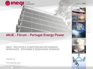 AUTOMOBILE AND TRANSPORT

AERONAUTICS, SPACE AND DEFENCE

HEALTH

ANJE - Fórum - Portugal Energy Power

SEA ECONOMY

ENERGY

INEGI - PROJETOS E COMPETÊNCIAS EM ENERGIAS
RENOVÁVEIS OFFSHORE E ENGENHARIA OCEÂNICA
EQUIPMENT AND DURABLE GOODS

Tiago Morais
SERVICES

tmorais@inegi.up.pt
20 de Novembro de 2013

ANJE - Fórum - Portugal Energy Power

ENVIRONMENT

1

 