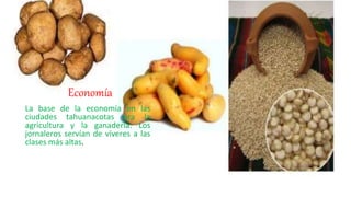 Economía
La base de la economía en las
ciudades tahuanacotas era la
agricultura y la ganadería. Los
jornaleros servían de víveres a las
clases más altas.
 