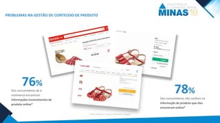 PROBLEMAS NA GESTÃO DE CONTEÚDO DE PRODUTO
*2016 Shotfarm Product Information Report
76%
Dos consumidores de e-
commerce encontram
informações inconsistentes de
produto online*
78%
Dos consumidores não confiam na
informação de produto que eles
encontram online*
 