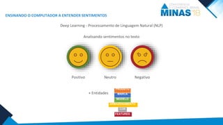 ENSINANDO O COMPUTADOR A ENTENDER SENTIMENTOS
Analisando sentimentos no texto
Positivo Neutro Negativo
PRODUTO
MARCA
MODELO
ARMAZENAMENTO
COR
FEATURES
+ Entidades
Deep Learning - Processamento de Linguagem Natural (NLP)
 