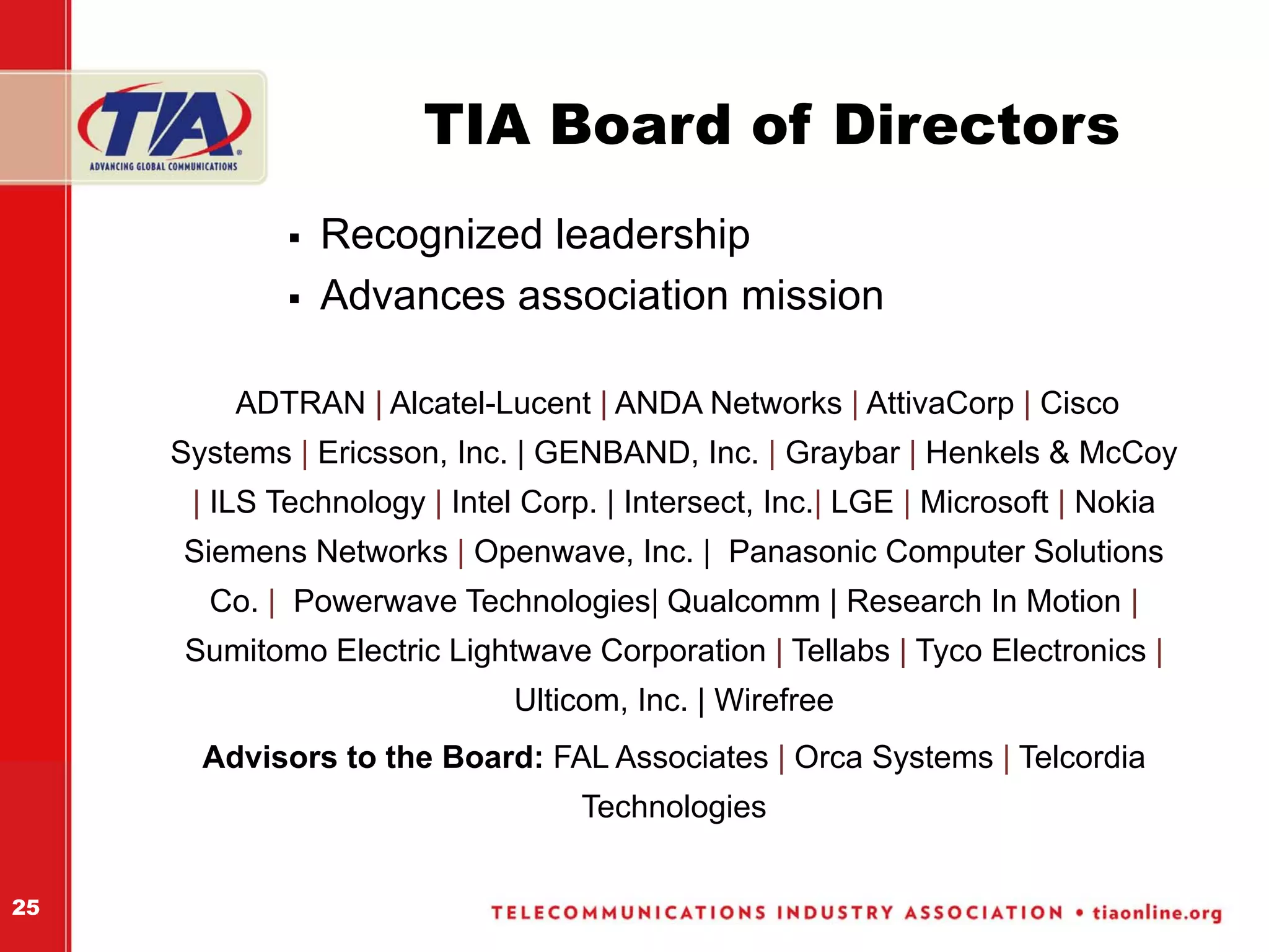 TIA Board of Directors
               Recognized leadership
               Advances association mission

         ADTRAN | Alcatel-Lucent | ANDA Networks | AttivaCorp | Cisco
     Systems | Ericsson, Inc. | GENBAND, Inc. | Graybar | Henkels & McCoy
      | ILS Technology | Intel Corp. | Intersect, Inc.| LGE | Microsoft | Nokia
     Siemens Networks | Openwave, Inc. | Panasonic Computer Solutions
       Co. | Powerwave Technologies| Qualcomm | Research In Motion |
     Sumitomo Electric Lightwave Corporation | Tellabs | Tyco Electronics |
                              Ulticom, Inc. | Wirefree
       Advisors to the Board: FAL Associates | Orca Systems | Telcordia
                                   Technologies


25
 