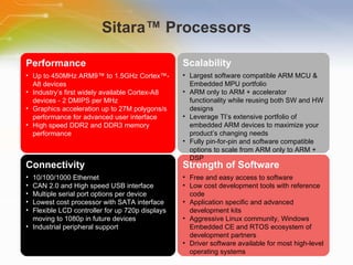 Sitara ™  Processors Strength of Software Free and easy access to software Low cost development tools with reference code Application specific and advanced development kits Aggressive Linux community, Windows Embedded CE and RTOS ecosystem of development partners Driver software available for most high-level operating systems  Performance Up to 450MHz ARM9™ to 1.5GHz Cortex™-A8 devices Industry’s first widely available Cortex-A8 devices - 2 DMIPS per MHz Graphics acceleration up to 27M polygons/s performance for advanced user interface  High speed DDR2 and DDR3 memory performance  Connectivity 10/100/1000 Ethernet CAN 2.0 and High speed USB interface Multiple serial port options per device Lowest cost processor with SATA interface Flexible LCD controller for up 720p displays moving to 1080p in future devices Industrial peripheral support Scalability Largest software compatible ARM MCU & Embedded MPU portfolio ARM only to ARM + accelerator functionality while reusing both SW and HW designs Leverage TI’s extensive portfolio of embedded ARM devices to maximize your product’s changing needs Fully pin-for-pin and software compatible options to scale from ARM only to ARM + DSP 
