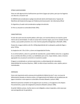 OTRAS CLASIFICACIONES
Estas son sólo algunas de las clasificaciones que tiene el jaguar por países, para que nos hagamos
una idea de su situación real:
En MÉXICO está considerada en peligro de extinción dentro del listado de las ´Especies de
Mamíferos del Estado de Durango con Problemas de Conservación´ de la Normativa Oficial
En Argentina y Ecuador está considerada en peligro de extinción.
En Perú su situación es vulnerable (Pulido 1991).
CARACTERÍSTICAS
El color de la piel varía de amarillo pálido a café rojizo, con manchas blancas en el pecho y parte
interna de las extremidades. En todo el cuerpo tiene manchas negras, que en los costados forman
rosetas, y que pueden presentar una o más manchas pequeñas (Hoogesteijn y Mondolfi, 1993).
El peso de un jaguar adulto va de 45 a 130 kg dependiendo de la subespecie, pudiendo llegar a
pesar 150 kg.
Su longitud es de 1.70 a 2.30 m, y tiene una longevidad de 20 años.
Es un animal solitario, salvo en su periodo de reproducción, y posee hábitos nocturnos. La agudeza
de sus sentidos del olfato y el oído y sus habilidades para correr, trepar árboles, nadar y moverse
agazapado tras una presa lo convierten en excelente cazador.
El jaguar es considerado un carnívoro oportunista y su dieta depende de la densidad y
disponibilidad de las presas (Seymour, 1989). Su dieta incluye mamíferos, aves, reptiles, peces e
invertebrados.
AMENAZAS
Como más importante está la amenaza de la pérdida de hábitat de esta P. onca. Las tasas de
deforestación elevadas en América Latina, y la fragmentación del hábitat y de las poblaciones de
jaguar convierten a esta especie en vulnerable al hombre (Nowell y Jackson 1996).
Además las personas compiten con los jaguares por sus presas, y a los jaguares se les dispara
frecuentemente, a pesar de la legislación protectora (Nowell y Jackson 1996).
Al perder hábitat y presas, muchas veces se ven obligados a atacar al ganado, y esto causa que
sean perseguidos por los ganaderos.
 