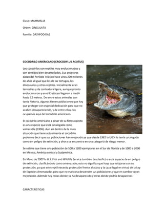 Clase: MAMMALIA
Orden: CINGULATA
Familia: DASYPODIDAE
COCODRILO AMERICANO (CROCODYLUS ACUTUS)
Los cocodrilos son reptiles muy evolucionados y
con sentidos bien desarrollados. Sus ancestros
datan del Período Triásico hace unos 200 millones
de años al igual que los de las tortugas, los
dinosaurios y otros reptiles. Inicialmente eran
terrestres y de contextura ligera, aunque pronto
evolucionaron y en el Cretáceo llegaron a medir
hasta 12 metros. De entre estos animales con
tanta historia, algunos tienen poblaciones que hay
que proteger con especial dedicación para que no
acaben desapareciendo, y de entre ellos nos
ocupamos aquí del cocodrilo americano.
El cocodrilo americano a pesar de su fiero aspecto
es una especie que está catalogada como
vulnerable (1996). Aun así dentro de la mala
situación que tiene actualmente el cocodrilo
podemos decir que sus poblaciones han mejorado ya que desde 1982 la UICN lo tenía catalogado
como en peligro de extinción, y ahora se encuentra en una categoría de riesgo menor.
Se estima que tiene una población de 500 a 1200 ejemplares en el Sur de Florida y de 1000 a 2000
en México, América central y Sudamérica.
En Mayo de 2007 la U.S. Fish and Wildlife Service también desclasificó a esta especie de en peligro
de extinción, clasificándolo como amenazado; esto no significa que haya que relajarse con su
protección, ya que este reptil necesita protección frente al acoso y la caza ilegal en virtud de la Ley
de Especies Amenazadas para que no vuelvana descender sus poblaciones y que en cambio vayan
mejorando. Además hay zonas donde ya ha desaparecido y otras donde podría desaparecer.
CARACTERÍSTICAS
 