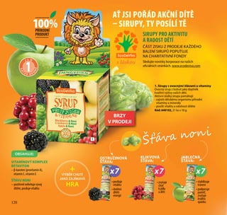 120
SIRUPY PRO AKTIVITU
A RADOST DĚTÍ
ČÁST ZISKU Z PRODEJE KAŽDÉHO
BALENÍ SIRUPŮ POPUTUJE
NA CHARITATIVNÍ FONDY
Sledujte novinky korporace na našich
oficiálních stránkách. www.ecodeviva.com
AŤ JSI POŘÁD AKČNÍ DÍTĚ
– SIRUPY, TY POSÍLÍ TĚ
J E N
SÁ
Č
E K D E
N
NĚ
1
OSTRUŽINOVÁ
ŠŤÁVA:
KLIKVOVÁ
ŠŤÁVA:
JABLEČNÁ
ŠŤÁVA:
• posiluje
vitalitu
• dodává
dítěti
energii
• zvyšuje
chuť
k jídlu
u dětí
• stabilizuje
trávení
• podporuje
paměť,
zvyšuje
kvalitu
spánku
x7 x7 x7
ŠŤÁVU NONI
– pozitivně ovlivňuje vývoj
dítěte, posiluje vitalitu
OBSAHUJE:
VITAMÍNOVÝ KOMPLEX
BETAVITON
– β-karoten (provitamín A),
vitamín C, vitamín E
1. Sirupy s ovocnými šťávami a vitamíny
Ovocný sirup z bobulí jako doplněk
kvalitní výživy vašich dětí.
Aktivní složky sirupu pomáhají:
- zajistit dětskému organismu přírodní
vitamíny a minerály
- posílit vitalitu a odolnost dítěte
Kód: 640102, 21 ks х 10 g
100%PŘÍRODNÍ
PRODUKT
+VÝBĚR CHUTÍ
JAKO ZAJÍMAVÁ
HRA
Šťáva noni1
120
BRZY
V PRODEJI
s láskou
 