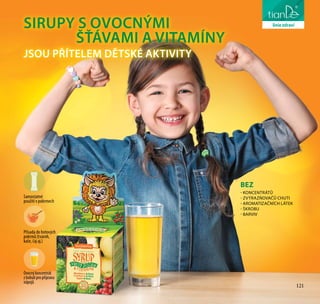 121
péče o těloSIRUPY S OVOCNÝMI
ŠŤÁVAMI A VITAMÍNY
JSOU PŘÍTELEM DĚTSKÉ AKTIVITY
BEZ
- KONCENTRÁTŮ
- ZVÝRAZŇOVAČŮ CHUTI
- AROMATIZAČNÍCH LÁTEK
- ŠKROBU
- BARVIV
Přísada do hotových
pokrmů (tvaroh,
kaše, čaj aj.)
Ovocnýkoncentrát
zbobulípropřípravu
nápojů
Samostatné
použití v pokrmech
liniezdraví
121
 