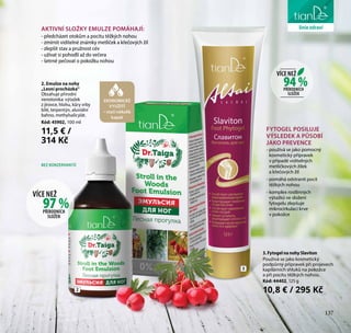 137
péče o tělo
2. Emulze na nohy
„Lesní procházka“
Obsahuje přírodní
venotonika: výtažek
z jírovce, hlohu, kůry vrby
bílé, terpentýn, aluviální
bahno, methylsalicylát.
Kód: 45902, 100 ml
11,5 € /
314 Kč
EKONOMICKÉ
VYUŽITÍ
– stačí několik
kapek
AKTIVNÍ SLOŽKY EMULZE POMÁHAJÍ:
- předcházet otokům a pocitu těžkých nohou
- zmírnit viditelné známky metliček a křečových žil
- zlepšit stav a pružnost cév
- užívat si pohodlí až do večera
- šetrně pečovat o pokožku nohou
FYTOGEL POSILUJE
VÝSLEDEK A PŮSOBÍ
JAKO PREVENCE
- používá se jako pomocný
kosmetický přípravek
v případě viditelných
metličkových žilek
a křečových žil
- pomáhá odstranit pocit
těžkých nohou
- komplex rostlinných
výtažků ve složení
fytogelu zlepšuje
mikrocirkulaci krve
v pokožce
BEZ KONZERVANTŮ
3.FytogelnanohySlaviton
Používá se jako kosmetický
podpůrný přípravek při projevech
kapilárních shluků na pokožce
a při pocitu těžkých nohou.
Kód: 44402, 125 g
10,8 € / 295 Kč2
3
94 %
VÍCE NEŽ
PŘÍRODNÍCH
SLOŽEK
liniezdraví
137
97 %
VÍCE NEŽ
PŘÍRODNÍCH
SLOŽEK
 