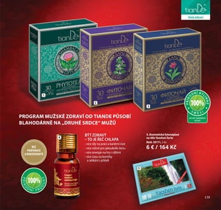 139
péče o tělo
BÝT ZDRAVÝ
–TO JE ŘEČ CHLAPA
- více síly na práci a kariérní růst
- více vášně pro jakoukoliv ženu
- více energie na hry s dětmi
- více času na koníčky
a setkání s přáteli
4
2
1
5
3
PROGRAM MUŽSKÉ ZDRAVÍ OD TIANDE PŮSOBÍ
BLAHODÁRNĚ NA „DRUHÉ SRDCE“ MUŽŮ
liniezdraví
BEZ
PARFEMACE
A KONZERVANTŮ
PŘÍRO
D N Í P R
O
DUKT
100%
5. Kosmetická fytonáplast
na těloYaoshen forte
Kód: 30111, 2 ks
6 € / 164 Kč
BYLINY HORSKÉHO
ALTAJE
PŘÍR
O
DNÍ BYL
INNÉ
S M Ě S I
100%
139
 