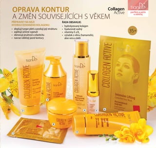 Collagen
ActiveOPRAVA KONTUR
A ZMĚN SOUVISEJÍCÍCH S VĚKEM
2 4 5
6
7
8
9
3
PŘÍPRAVKY NA BÁZI
HYDROLYZOVANÉHO KOLAGENU:
•	 zlepšují turgor pleti a posilují její strukturu
•	 zajišťují účinné vypnutí
•	 obnovují pružnost a elasticitu
•	 navrací obličeji jasné kontury
ŘADA OBSAHUJE:
•	 hydrolyzovaný kolagen
•	 hyaluronát sodný
•	 vitamíny E a B5
•	 výtažek z vilínu (hamamelis),
aloe vera a další
parfém a péče
o obličej
25
35+
 