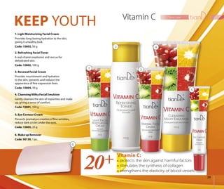 39
face careVitamin C
protects the skin against harmful factors
stimulates the synthesis of collagen
strengthens the elasticity of blood vessels
KEEP YOUTH
Vitamin С:
4. Cleansing Milky Facial Emulsion
Gently cleanses the skin of impurities and make
up, giving a sense of comfort.
Code: 13801, 100 g
5. Eye Contour Cream
Prevents premature creation of fine wrinkles,
reduce dark circles under the eyes.
Code: 13805, 25 g
6. Make up Remover
Code: 90139, 1 pc.
1. Light Moisturizing Facial Cream
Provides long-lasting hydration to the skin,
giving it a healthy look.
Code: 13803, 50 g
3. Renewal Facial Cream
Provides nourishment and hydration
to the skin, prevents and reduces the
appearance of fine expression lines.
Code: 13804, 50 g
2. Refreshing Facial Toner
A real vitamin explosion and rescue for
dehydrated skin.
Code: 13802, 100 g
1
2
3
4
5
6
 
