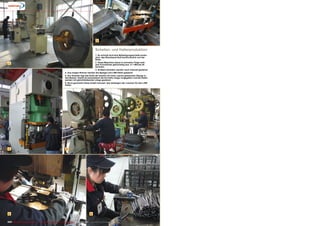 1
3
5
2
4
6
222 TELE-audiovision International — The World‘s Largest Digital TV Trade Magazine — 07-08/2013 — www.TELE-audiovision.com
Schellen- und Halterproduktion
1. So schnell wird eine Befestigungsschelle produ-
ziert: das Blechband läuft kontinuierlich von der
Rolle.
2. Diese Maschine stanzt in schneller Folge meh-
rere Formstücke gleichzeitig aus: in 1 Minute 45
Schellen.
3. Größere Schellen werden noch manuell gestanzt.
4. Aus langen Rohren werden die Spiegel und LNB Halter gestanzt
5. Der Arbeiter legt das Ende der bereits mit einer Lasche gestanzten Stange in
den Bolzen. Damit ist automatisch die korrekte Länge vorgegeben und die Halter
werden mit gleichbleibender Länge gestanzt.
6. Noch geschieht diese Arbeit manuell: das Umbiegen der Laschen für den LNB
Halter.
 