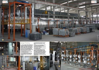 1
2
3 4 5 6 7
224 225TELE-audiovision International — The World‘s Largest Digital TV Trade Magazine — 07-08/2013 — www.TELE-audiovision.com www.TELE-audiovision.com — 07-08/2013 — TELE-audiovision International — 全球发行量最大的数字电视杂志
Spiegel Finishing
1. In einer riesigen Halle befindet sich
die Förderanlage für das Finishing der
Spiegel und sonstigen Bauteile wie
Schellen oder Halter. Das Förderband
selbst ist 450m lang und benötigt 1.5
Stunden für einen kompletten Rund-
lauf, was einer Geschwindigkeit von
etwa 8m/min entspricht. Die Farb- und
Reinigungsanlage ist 42m lang.
2. Der große Ofen für die Erhitzung
des Reinigungswassers.
3. Die Heisswassersteuerung. Das
benutzte Wasser wird recyclet und
verursacht dadurch keine Umwelt-
schäden.
4. Die Heisswasseranlage. Hier wird
das heisse Reinungswasser umge-
wälzt.
5. Gerade laufen Spiegelhalter durch
die Anlage. Mit heissem Wasser
werden sie gereinigt und für die Farb-
sprühanlage vorbereitet.
6.Die Spiegel verlassen die Heisswas-
serreinigungsstraße
7. Die gereinigten Spiegel auf dem
Weg zur Farbsprühanlage. Nach der
Heisswasserreinigung fallen weiter-
hin Tropfen auf den Boden. Allerdings
nicht unkontrolliert: eine Vertiefung
entlang des Förderbandes fängt das
Brauchwasser auf, damit es in der
Wiederaufbereitungsanlage gereinigt
werden kann.
 