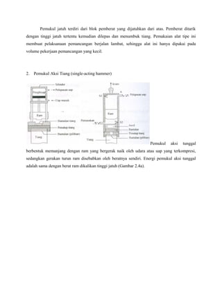 Pemukul jatuh terdiri dari blok pemberat yang dijatuhkan dari atas. Pemberat ditarik
dengan tinggi jatuh tertentu kemudian dilepas dan menumbuk tiang. Pemakaian alat tipe ini
membuat pelaksanaan pemancangan berjalan lambat, sehingga alat ini hanya dipakai pada
volume pekerjaan pemancangan yang kecil.
2. Pemukul Aksi Tiang (single-acting hammer)
Pemukul aksi tunggal
berbentuk memanjang dengan ram yang bergerak naik oleh udara atau uap yang terkompresi,
sedangkan gerakan turun ram disebabkan oleh beratnya sendiri. Energi pemukul aksi tunggal
adalah sama dengan berat ram dikalikan tinggi jatuh (Gambar 2.4a).
 