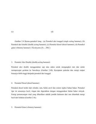 (c) (d)
Gambar 2.4 Skema pemukul tiang : (a) Pemukul aksi tunggal (single acting hammer), (b)
Pemukul aksi double (double acting hammer), (c) Pemukul diesel (diesel hammer), (d) Pemukul
getar (vibratory hammer) ( Hardiyatmo,H.c., 2002 )
3. Pemukul Aksi Double (double-acting hammer)
Pemukul aksi double menggunakan uap atau udara untuk mengangkat ram dan untuk
mempercepat gerakan ke bawahnya (Gambar 2.4b). Kecepatan pukulan dan energi output
biasanya lebih tinggi daripada pemukul aksi tunggal.
4. Pemukul Diesel (diesel hammer)
Pemukul diesel terdiri dari silinder, ram, balok anvil dan sistem injeksi bahan bakar. Pemukul
tipe ini umumnya kecil, ringan dan digerakkan dengan menggunakan bahan bakar minyak.
Energi pemancangan total yang dihasilkan adalah jumlah benturan dari ram ditambah energi
hasil dari ledakan (Gambar 2.4c).
5. Pemukul Getar (vibratory hammer)
 