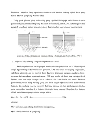 berlebihan. Kapasitas tiang sepenuhnya ditentukan dari tahanan dukung lapisan keras yang
berada dibawah ujung tiang (Gambar 2.6a).
2. Tiang gesek (friction pile) adalah tiang yang kapasitas dukungnya lebih ditentukan oleh
perlawanan gesek antara dinding tiang dan tanah disekitarnya (Gambar 2.9b). Tahanan gesek dan
pengaruh konsolidasi lapisan tanah dibawahnya diperhitungkan pada hitungan kapasitas tiang.
E. Kapasitas Daya Dukung Tiang Pancang Dari Hasil Sondir
Diantara perbedaaan tes dilapangan, sondir atau cone penetration test (CPT) seringkali
sangat dipertimbangkan berperanan dari geoteknik. CPT atau sondir ini tes yang sangat cepat,
sederhana, ekonomis dan tes tersebut dapat dipercaya dilapangan dengan pengukuran terus-
menerus dari permukaan tanah-tanah dasar. CPT atau sondir ini dapat juga mengklasifikasi
lapisan tanah dan dapat memperkirakan kekuatan dan karakteristik dari tanah. Didalam
perencanaan pondasi tiang pancang (pile), data tanah sangat diperlukan dalam merencanakan
kapasitas daya dukung (bearing capacity) dari tiang pancang sebelum pembangunan dimulai,
guna menentukan kapasitas daya dukung ultimit dari tiang pancang. Kapasitas daya dukung
ultimit ditentukan dengan persamaan sebagai berikut :
Qu = Qb + Qs = qbAb + f.As ........................................................... (2.1)
dimana :
Qu = Kapasitas daya dukung aksial ultimit tiang pancang.
Qb = Kapasitas tahanan di ujung tiang.
 