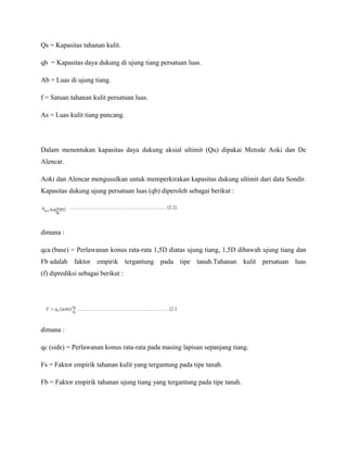 Qs = Kapasitas tahanan kulit.
qb = Kapasitas daya dukung di ujung tiang persatuan luas.
Ab = Luas di ujung tiang.
f = Satuan tahanan kulit persatuan luas.
As = Luas kulit tiang pancang.
Dalam menentukan kapasitas daya dukung aksial ultimit (Qu) dipakai Metode Aoki dan De
Alencar.
Aoki dan Alencar mengusulkan untuk memperkirakan kapasitas dukung ultimit dari data Sondir.
Kapasitas dukung ujung persatuan luas (qb) diperoleh sebagai berikut :
dimana :
qca (base) = Perlawanan konus rata-rata 1,5D diatas ujung tiang, 1,5D dibawah ujung tiang dan
Fb adalah faktor empirik tergantung pada tipe tanah.Tahanan kulit persatuan luas
(f) diprediksi sebagai berikut :
dimana :
qc (side) = Perlawanan konus rata-rata pada masing lapisan sepanjang tiang.
Fs = Faktor empirik tahanan kulit yang tergantung pada tipe tanah.
Fb = Faktor empirik tahanan ujung tiang yang tergantung pada tipe tanah.
 