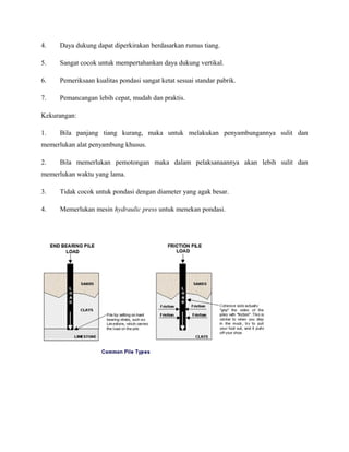 4. Daya dukung dapat diperkirakan berdasarkan rumus tiang.
5. Sangat cocok untuk mempertahankan daya dukung vertikal.
6. Pemeriksaan kualitas pondasi sangat ketat sesuai standar pabrik.
7. Pemancangan lebih cepat, mudah dan praktis.
Kekurangan:
1. Bila panjang tiang kurang, maka untuk melakukan penyambungannya sulit dan
memerlukan alat penyambung khusus.
2. Bila memerlukan pemotongan maka dalam pelaksanaannya akan lebih sulit dan
memerlukan waktu yang lama.
3. Tidak cocok untuk pondasi dengan diameter yang agak besar.
4. Memerlukan mesin hydraulic press untuk menekan pondasi.
 