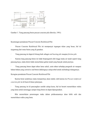 Gambar 1. Tiang pancang beton precast concrete pile (Bowles, 1991)
Keuntungan pemakaian Precast Concrete Reinforced Pile:
· Precast Concrete Reinforced Pile ini mempunyai tegangan tekan yang besar, hal ini
tergantung dari mutu beton yang di gunakan.
· Tiang pancang ini dapat di hitung baik sebagai end bearing pile maupun friction pile.
· Karena tiang pancang beton ini tidak berpengaruh oleh tinggi muka air tanah seperti tiang
pancang kayu, maka disini tidak memerlukan galian tanah yang banyak untuk poernya.
· Tiang pancang beton dapat tahan lama sekali, serta tahan terhadap pengaruh air maupun
bahan-bahan yang corrosive asal beton dekkingnya cukup tebal untuk melindungi tulangannya.
Kerugian pemakaian Precast Concrete Reinforced Pile
· Karena berat sendirinya maka transportnya akan mahal, oleh karena itu Precast reinforced
concrete pile ini di buat di lokasi pekerjaan.
· Tiang pancang ini di pancangkan setelah cukup keras, hal ini berarti memerlukan waktu
yang lama untuk menunggu sampai tiang beton ini dapat dipergunakan.
· Bila memerlukan pemotongan maka dalam pelaksanaannya akan lebih sulit dan
memerlukan waktu yang lama.
 