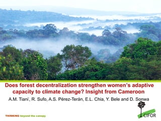 Does forest decentralization strengthen women’s adaptive 
capacity to climate change? Insight from Cameroon 
A.M. Tiani*, R. Sufo, A.S. Pérez-Terán, E.L. Chia, Y. Bele and D. Sonwa 
THINKING beyond the canopy 
 