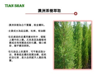 Tian Shan
澳洲茶樹萃取
‧澳洲茶樹為白千層屬，桃金孃科。
‧主要成分為萜品醇、松烯、桉油醇
‧在抗感染的皮膚用藥材料中，堪稱
上藥中的上藥。尤其是因為葡萄球
菌或念珠球菌造成的化膿、傷口感
染，幾乎藥到病除。
‧在化妝品上的運用，可平衡皮脂分
泌、青春痘皮膚的殺菌治療、痘疤
的淡化等，是大自然賦予人類的瑰
寶。
 