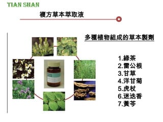 複方草本萃取液
多種植物組成的草本製劑
1.綠茶
2.雷公根
3.甘草
4.洋甘菊
5.虎杖
6.迷迭香
7.黃芩
 