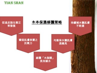 木本保濕修護策略促進皮脂生態正
常發展
持續補水讓肌膚
不乾澀
鞏固肌膚表層之
抗氧力
維護「水脂膜」
長效鎖水
均衡保水讓肌膚
透嫩亮
 