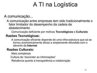 14
A TI na Logística
A comunicação...
A comunicação entre empresas tem sido tradicionalmente o
fator limitador do desempenho da cadeia de
abastecimento
Comunicação deficiente por motivos Tecnológicos e Culturais
Razões Tecnológicas:
A comunicação eficiente depende de uma infra-estrutura que só se
tornou economicamente eficaz e amplamente difundida com o
advento da Internet
Razões Culturais:
Mais complexas
Cultura de “esconder as informações”
Relutância quanto à transparência e colaboração
 