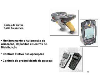 31
Código de Barras
Rádio Freqüência
• Monitoramento e Automação de
Armazéns, Depósitos e Centros de
Distribuição
• Controle efetivo das operações
• Controle de produtividade de pessoal
 