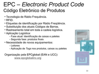 33
EPC – Electronic Product Code
Código Eletrônico de Produtos
• Tecnologia de Rádio Frequência.
• RFID.
• Etiquetas de identificação por Rádio Freqüência.
• Substituição dos atuais Códigos de Barras.
• Rastreamento total em toda a cadeia logística.
• Aplicação Logística:
- Fase atual: Identificação de caixas e paletes
- Segunda fase: produtos finais
• Necessidade de novos equipamentos:
- Leitores
- Aplicação de Tags nos produtos, caixas ou paletes
Organização pela EPCglobal (EAN e UCC):
www.epcglobalinc.org
 
