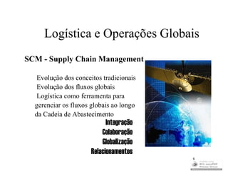 Logística e Operações Globais
SCM - Supply Chain Management

   Evolução dos conceitos tradicionais
   Evolução dos fluxos globais
   Logística como ferramenta para
  gerenciar os fluxos globais ao longo
  da Cadeia de Abastecimento
                            Integração
                          Colaboração
                          Globalização
                      Relacionamentos
                                         8
 