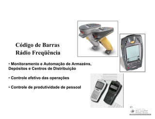 Código de Barras
   Rádio Freqüência
• Monitoramento e Automação de Armazéns,
Depósitos e Centros de Distribuição

• Controle efetivo das operações

• Controle de produtividade de pessoal




                                           32
 