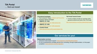 Unrestricted © Siemens AG 2016
TIA Portal
… find out more!
Easy introduction to the TIA Portal
Our services for you!
Promotional packages
 Trial License (21 days): 6ZB5310-0PY02-2FA5
 Hardware Starter Packages:
 SIMATIC S7-1500:
www.siemens.com/s7-1500-starter-kits
 SIMATIC S7-1200:
www.siemens.com/s7-1200-starterkits
 Comfort Panel:
www.siemens.de/comfort-panel-starter-kits
TIA Portal Tutorial Center
 A host of videos provide an overview of the
general functions and tools of the TIA Portal.
http://www.siemens.com/tia-portal-tutorial-center
Modernization services
 Individual modernization support: www.siemens.com/industry/contact
 For the comprehensive complete service from consulting, through implementation, to full project
completion: www.siemens.com/fa-migration
 