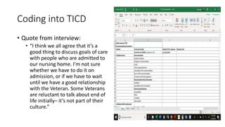 Coding into TICD
• Quote from interview:
• “I think we all agree that it’s a
good thing to discuss goals of care
with peop...