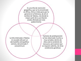 Es una tiña de restricción
geográfica, que se ha encontrado
en África, China e India pero por lo
general en la Polinesia, de ahí el
nombre de Tokelau, isla donde la
mayor parte de su po-blación
estaba afectada por este
padecimiento
Factores de predisposición
se han observado muchos y
muy variados; dentro de
ellos está la condición de
raza pura, pero parece que
se requiere además, de otras
condiciones genéticas
La tiña imbricada o Tokelau
es causada sólo por un
dermatofito antropofílico
estricto, denominado T.
concentricum
 