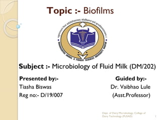 Topic :- Biofilms
Presented by:- Guided by:-
Tiasha Biswas Dr. Vaibhao Lule
Reg no:- D/19/007 (Asst.Professor)
Dept. of Dairy Microbiology, College of
Dairy Technology (PUSAD)
Subject :- Microbiology of Fluid Milk (DM/202)
1
 