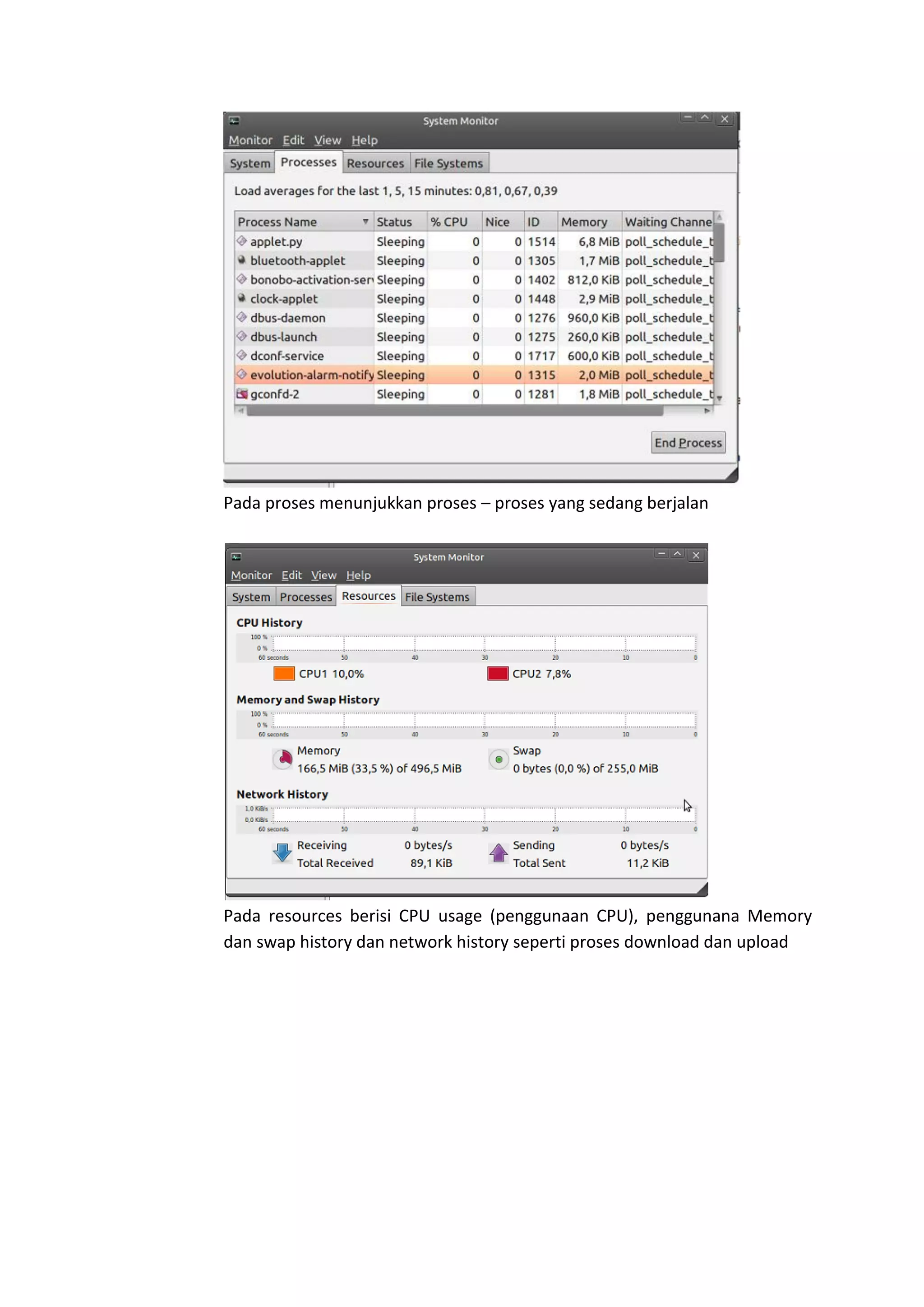 Pada proses menunjukkan proses – proses yang sedang berjalan
Pada resources berisi CPU usage (penggunaan CPU), penggunana Memory
dan swap history dan network history seperti proses download dan upload
 