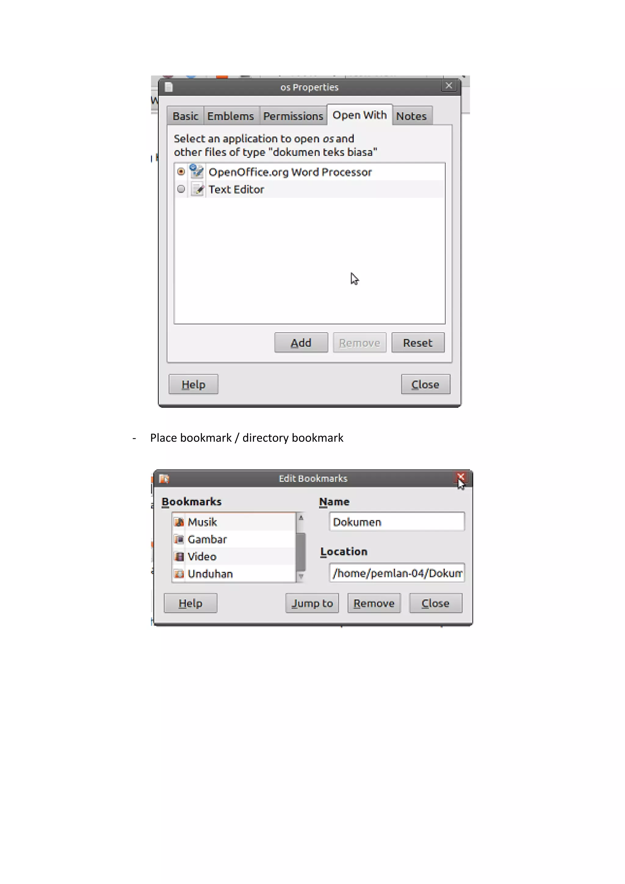 - Place bookmark / directory bookmark
 