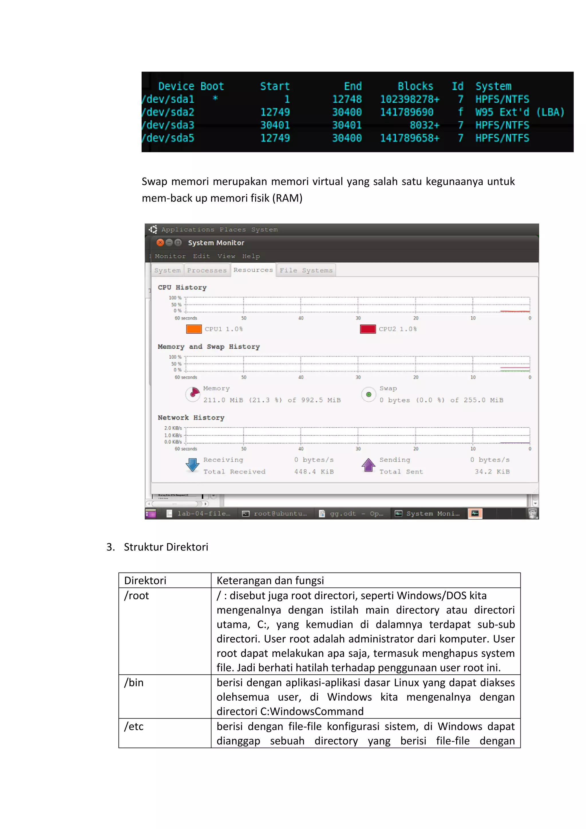 Swap memori merupakan memori virtual yang salah satu kegunaanya untuk
mem-back up memori fisik (RAM)
3. Struktur Direktori
Direktori Keterangan dan fungsi
/root / : disebut juga root directori, seperti Windows/DOS kita
mengenalnya dengan istilah main directory atau directori
utama, C:, yang kemudian di dalamnya terdapat sub-sub
directori. User root adalah administrator dari komputer. User
root dapat melakukan apa saja, termasuk menghapus system
file. Jadi berhati hatilah terhadap penggunaan user root ini.
/bin berisi dengan aplikasi-aplikasi dasar Linux yang dapat diakses
olehsemua user, di Windows kita mengenalnya dengan
directori C:WindowsCommand
/etc berisi dengan file-file konfigurasi sistem, di Windows dapat
dianggap sebuah directory yang berisi file-file dengan
 